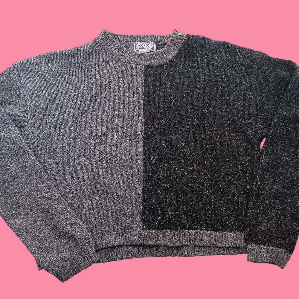 Small Women's Silk Blend Sweater Hop Knit Two Tone Gray Black S